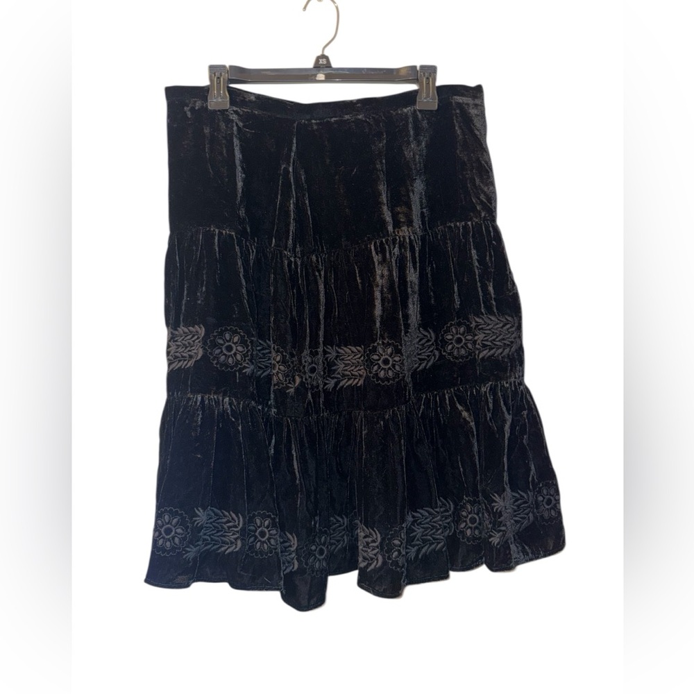 BCBGMaxAzria Black Velvet Tiered Skirt with Embroidered Bands